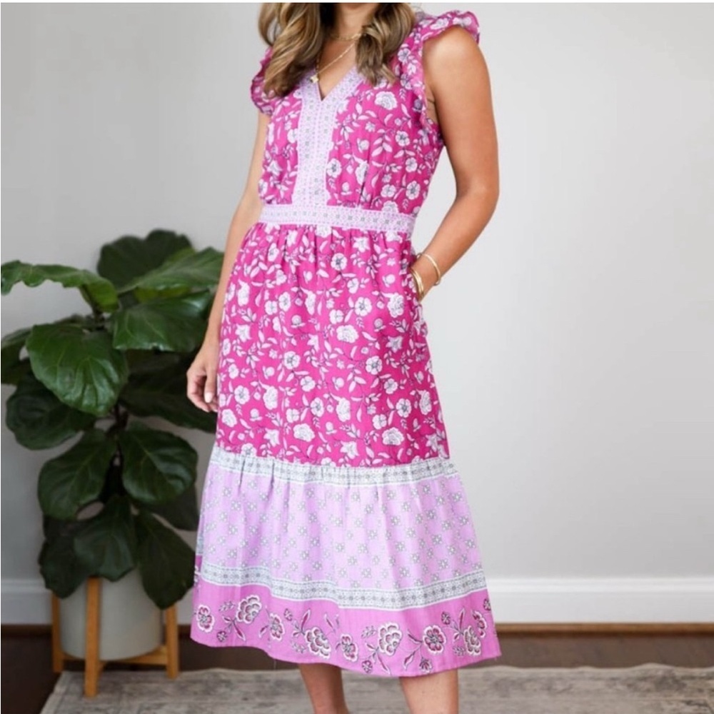 LOFT Purple floral midi ruffle sleeve  v neck NWT DRESS